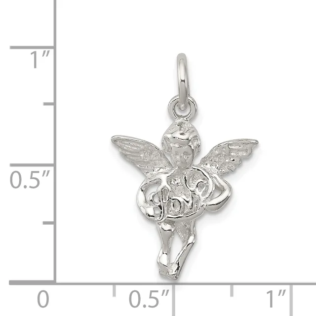 A sterling silver angel charm with outstretched wings and flowing robes, shown next to a ruler indicating its size is approximately three-quarters of an inch tall.