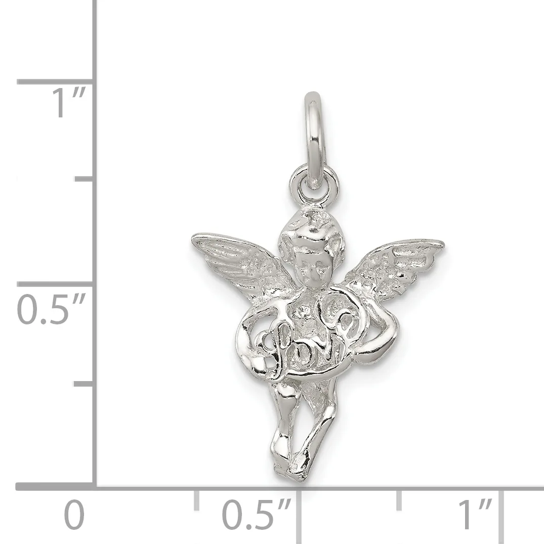 A sterling silver angel charm with outstretched wings and flowing robes, shown next to a ruler indicating its size is approximately three-quarters of an inch tall.