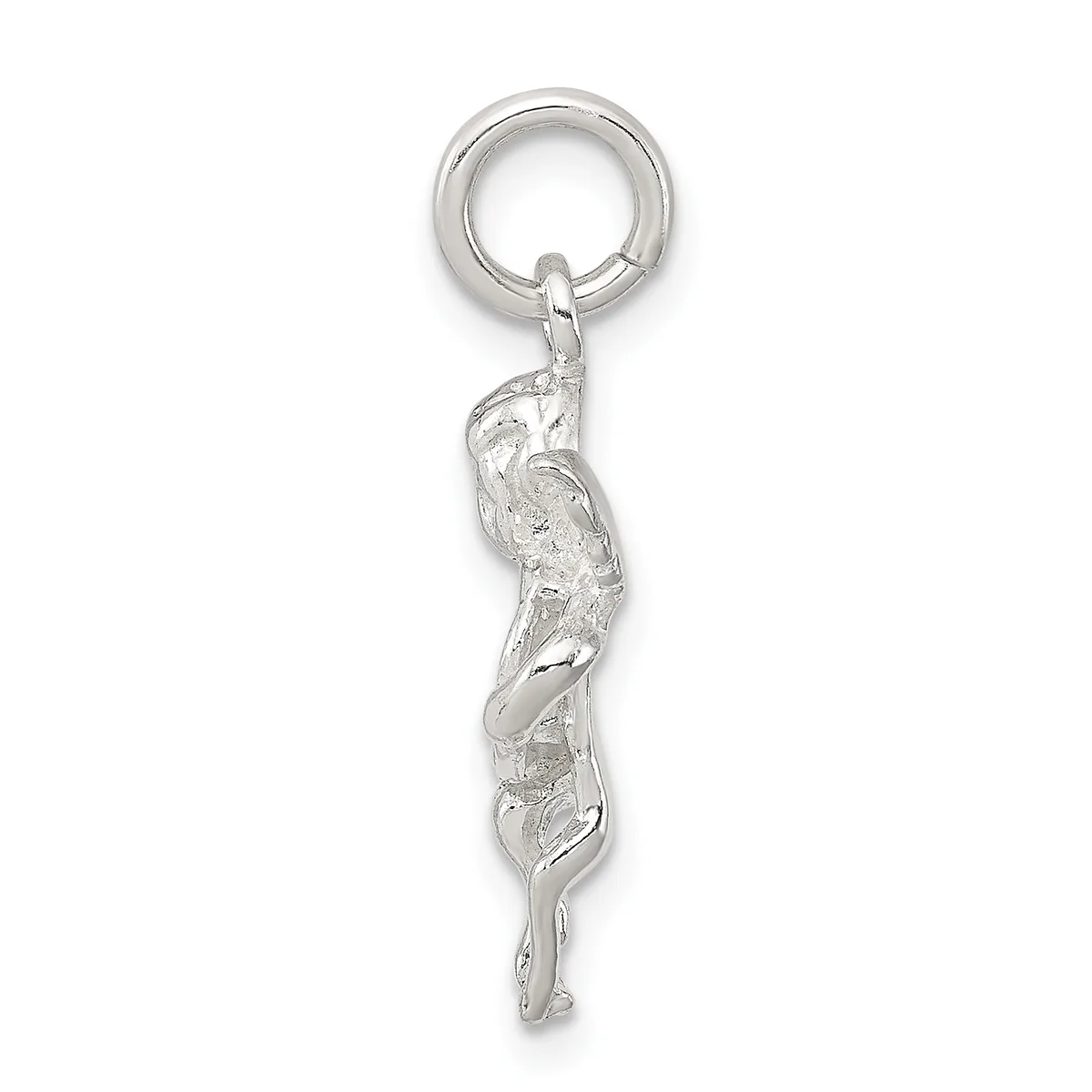A silver keychain charm depicting a stylized female figure in an elegant twisted pose, suspended from a split ring.