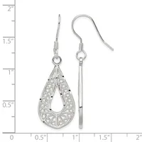 A pair of silver teardrop filigree earrings with small dark stones, displayed next to a ruler showing they measure approximately one inch in length.