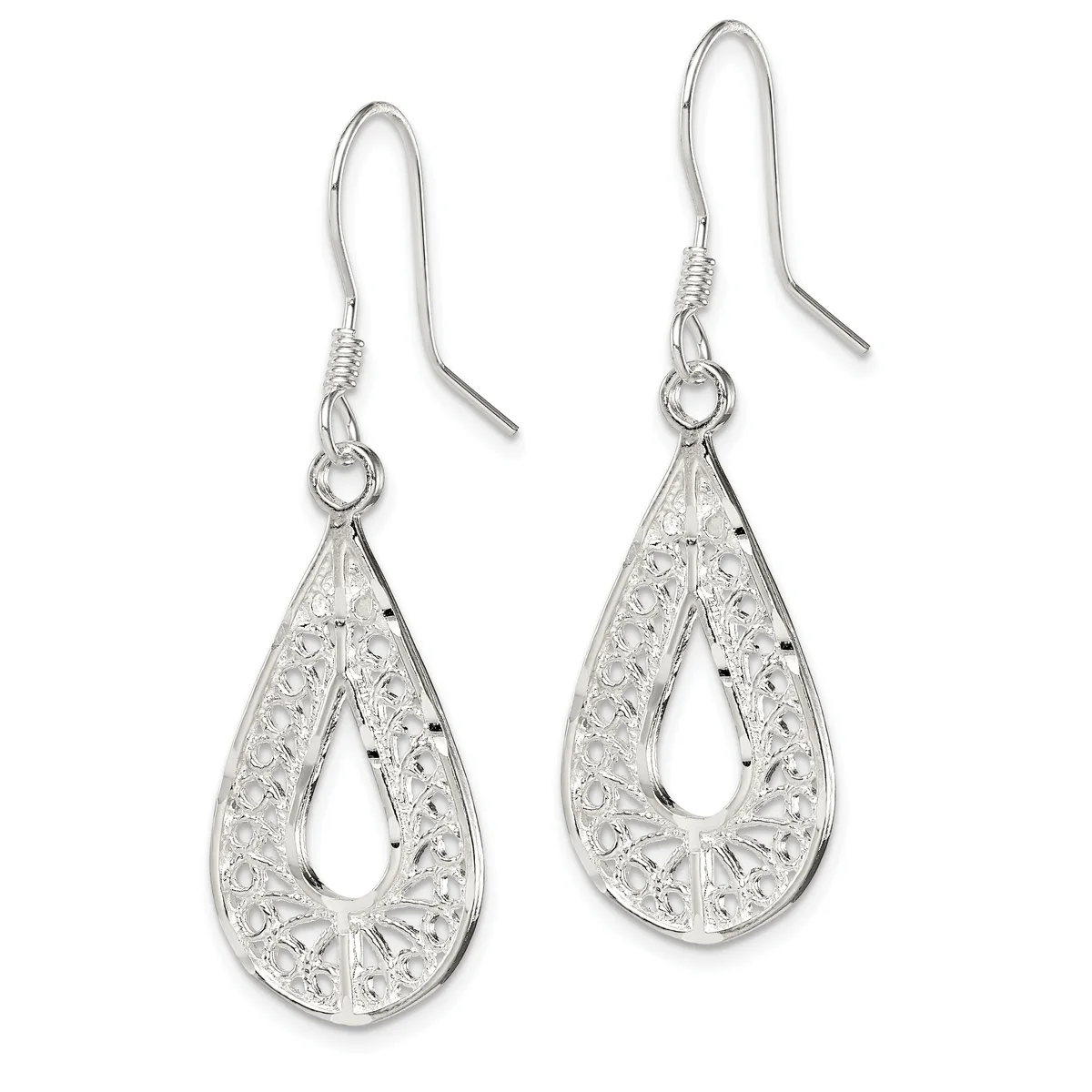 A pair of silver teardrop earrings with filigree detailing and open centers, suspended from curved ear wires with small decorative wraps.
