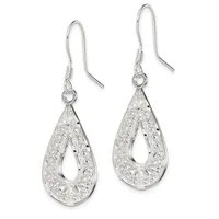 A pair of silver teardrop earrings with filigree detailing and open centers, suspended from curved ear wires with small decorative wraps.