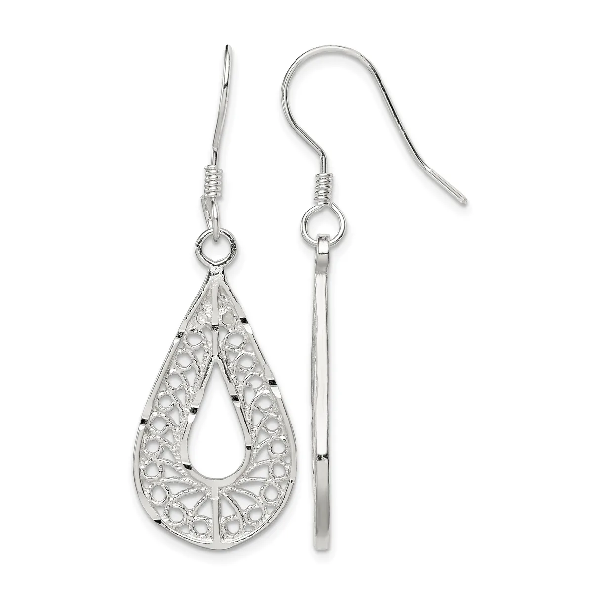 A pair of silver teardrop earrings with filigree detailing and black stone accents, shown from front and back views with French wire hooks.