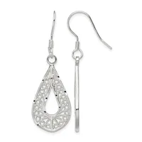 A pair of silver teardrop earrings with filigree detailing and black stone accents, shown from front and back views with French wire hooks.