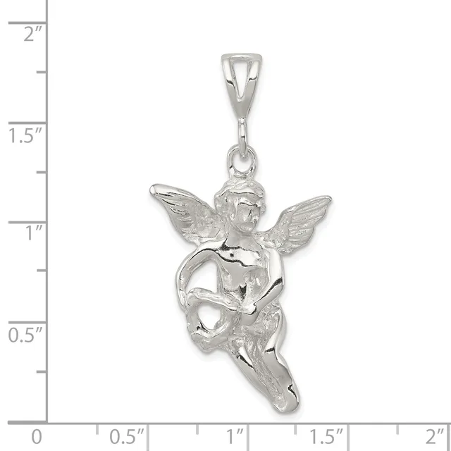 Silver angel pendant with wings spread, holding a curved horn or instrument, shown against a measurement scale indicating approximately two inches in height.
