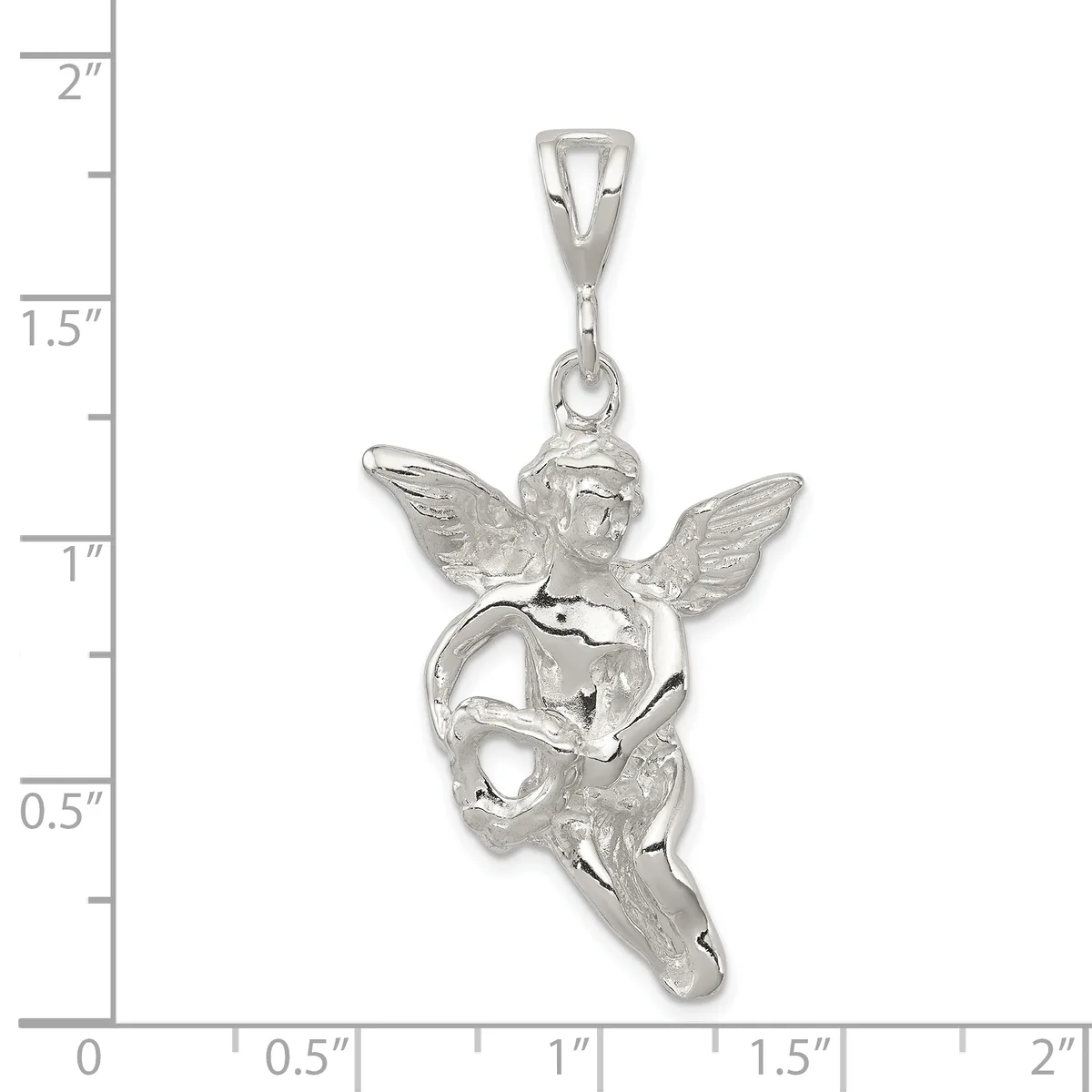 Silver angel pendant with wings spread, holding a curved horn or instrument, shown against a measurement scale indicating approximately two inches in height.