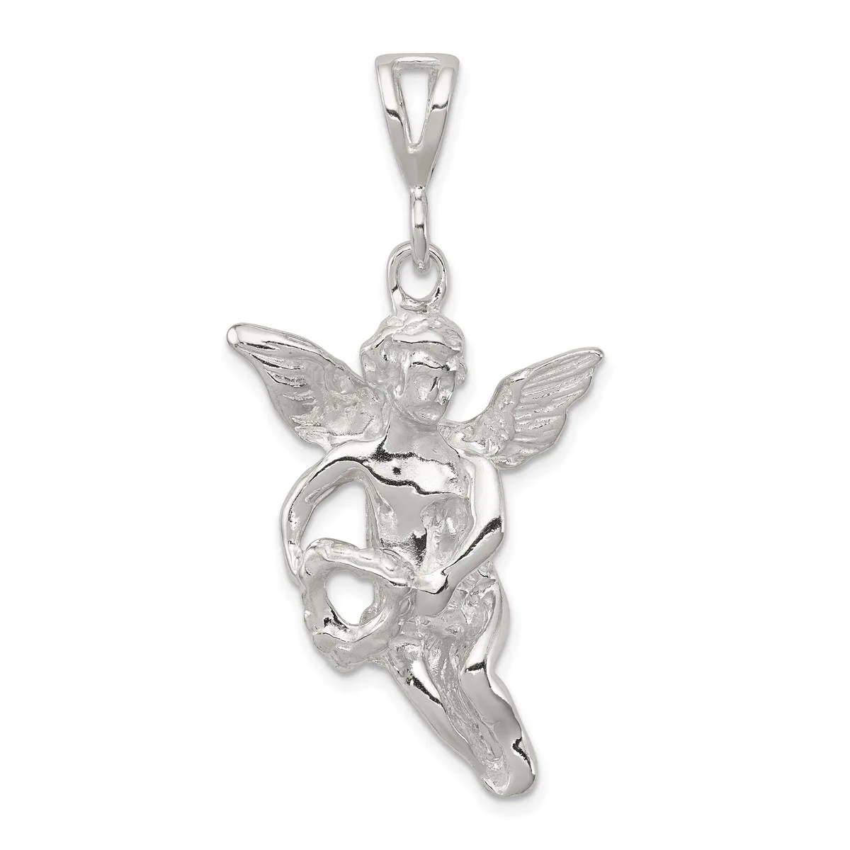 A silver pendant depicting a cherub or angel figure with wings, holding a trumpet, suspended from a bailed loop at the top.