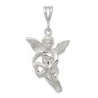 A silver pendant depicting a cherub or angel figure with wings, holding a trumpet, suspended from a bailed loop at the top.