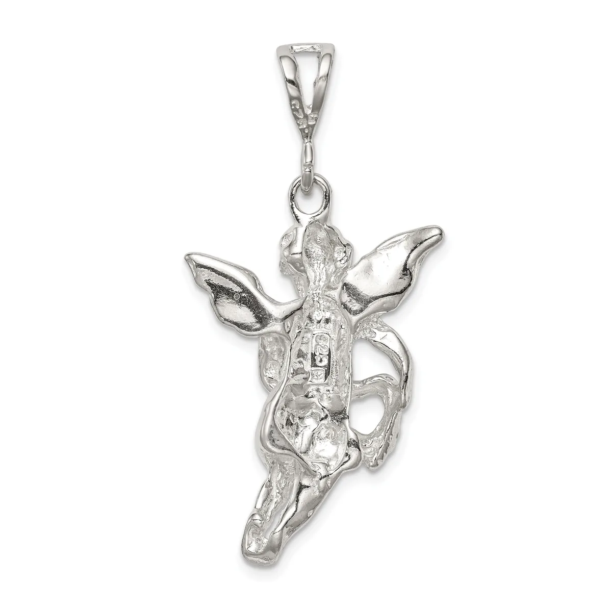 A silver pendant depicting an angel figure with outstretched wings and arms, shown from the front with detailed texturing throughout, suspended from a bailed loop at the top.