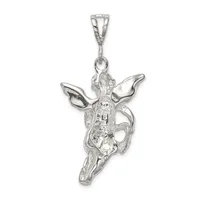 A silver pendant depicting an angel figure with outstretched wings and arms, shown from the front with detailed texturing throughout, suspended from a bailed loop at the top.