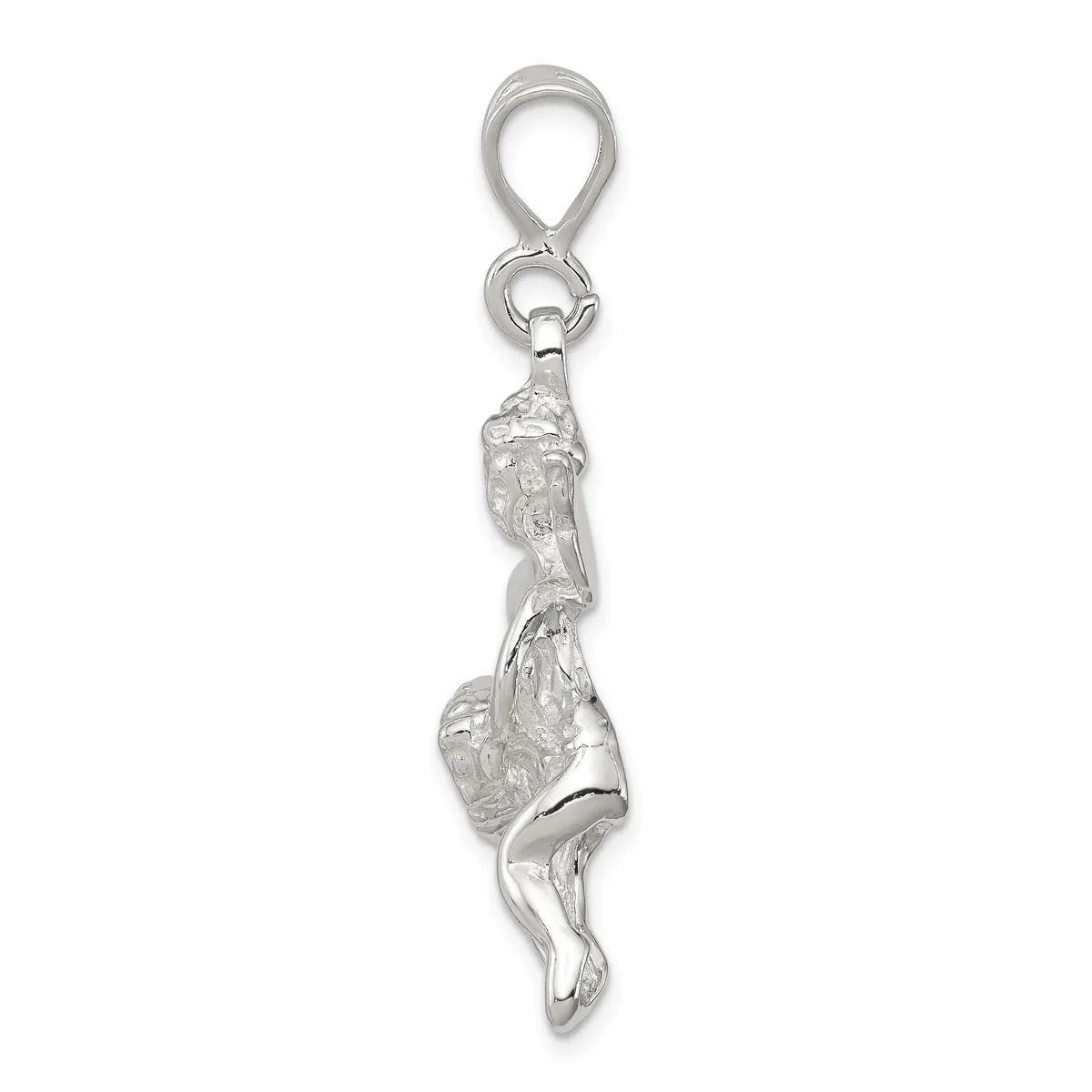 Silver charm pendant featuring a textured acrobat or gymnast figure in an inverted pose, suspended from a teardrop-shaped bail loop.
