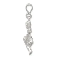 Silver charm pendant featuring a textured acrobat or gymnast figure in an inverted pose, suspended from a teardrop-shaped bail loop.