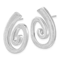 Pair of silver spiral stud earrings with a brushed matte finish and polished inner curves, shown from the front.
