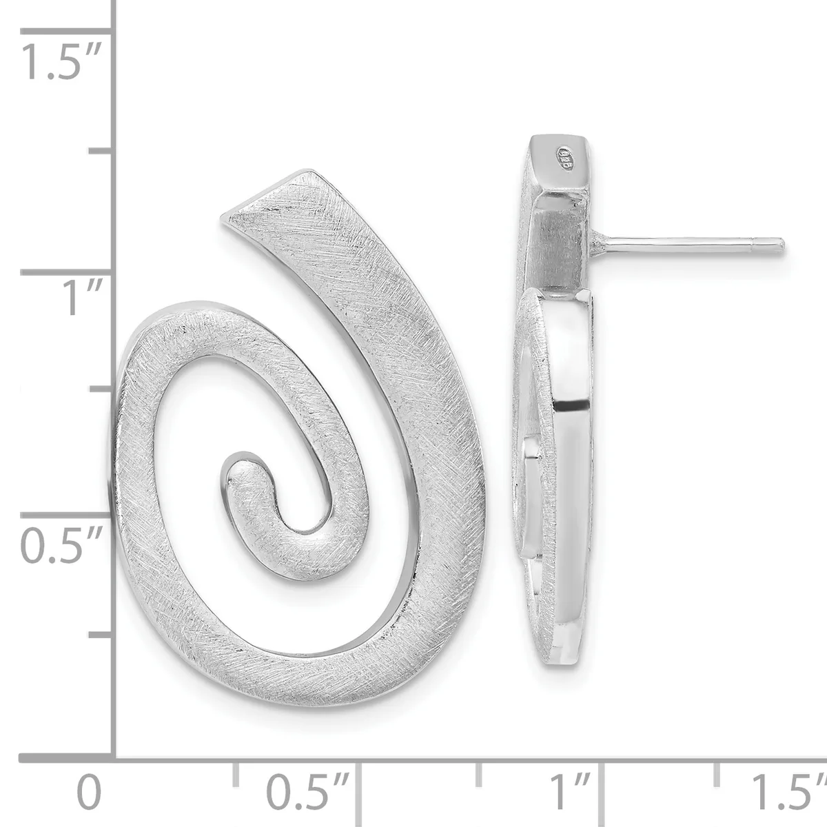 A pair of silver spiral earrings with a brushed finish, shown front and side view against a measurement scale indicating approximately 1.5 inches in height.