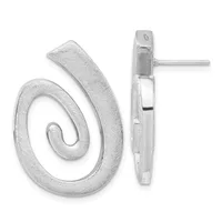 Pair of silver spiral-shaped stud earrings with textured finish, shown from front and side views.