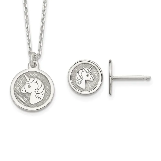 Silver unicorn head pendant necklace and matching stud earrings displayed on white background.