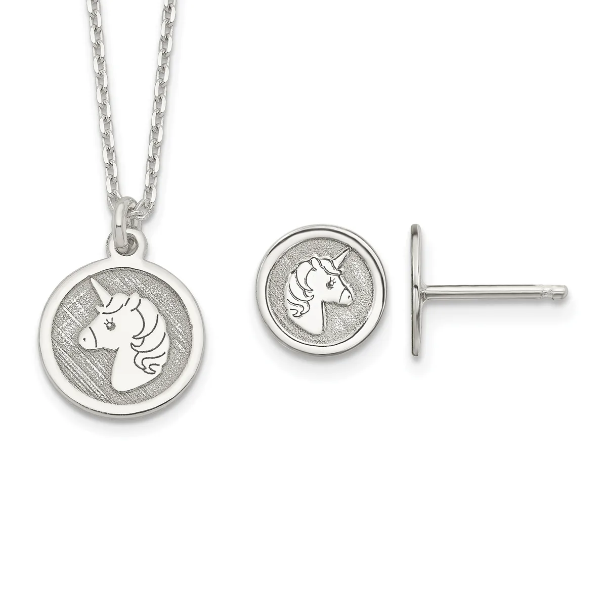 Silver unicorn head pendant necklace and matching stud earrings displayed on white background.