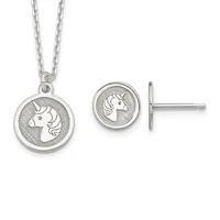 Silver unicorn head pendant necklace and matching stud earrings displayed on white background.