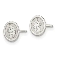 A pair of silver oval stud earrings with textured backgrounds featuring profile engravings of unicorns facing opposite directions.