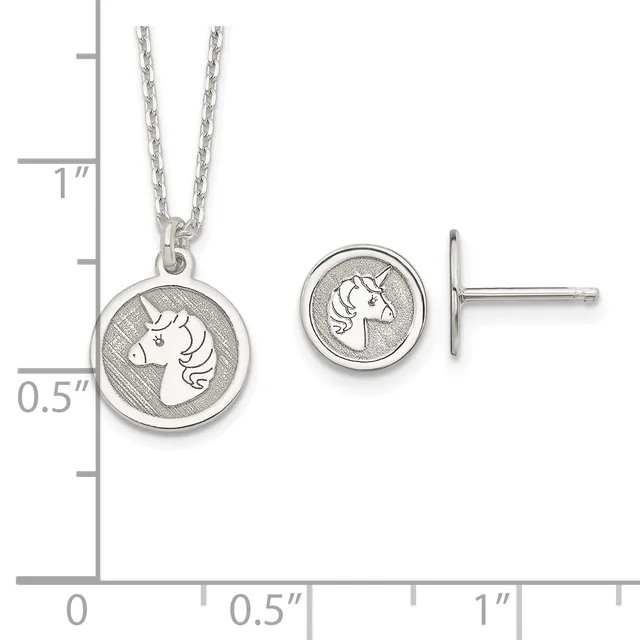 Sterling silver unicorn pendant necklace and matching stud earrings displayed with measurement scale showing pendant diameter of approximately half inch.