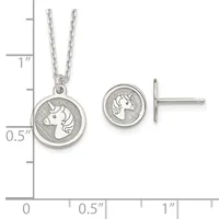 Sterling silver unicorn pendant necklace and matching stud earrings displayed with measurement scale showing pendant diameter of approximately half inch.