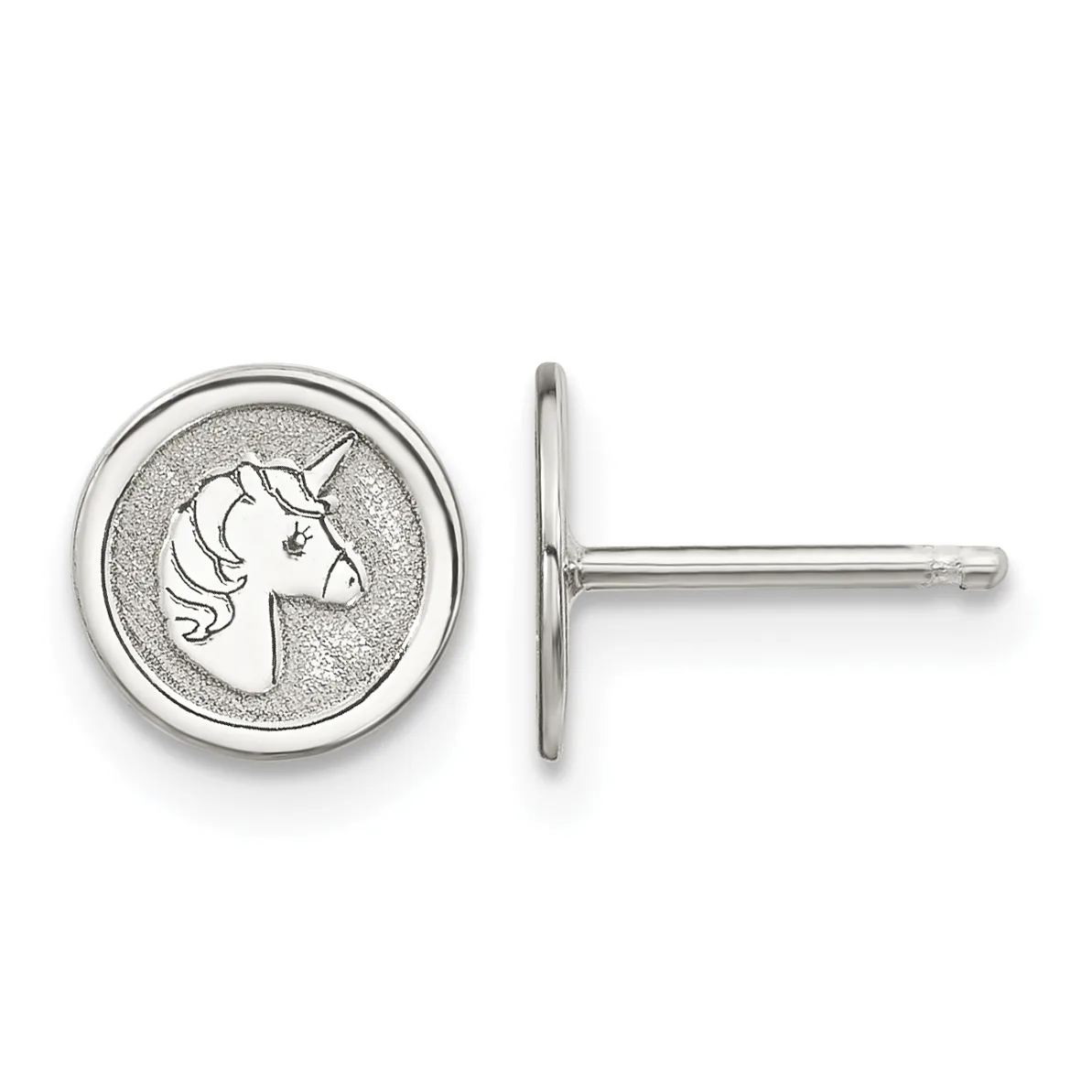 A pair of silver stud earrings with circular bezels featuring a unicorn profile design on a textured background, shown from front and side views.