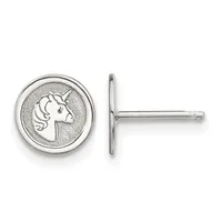 A pair of silver stud earrings with circular bezels featuring a unicorn profile design on a textured background, shown from front and side views.