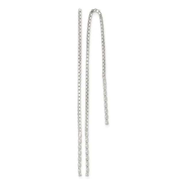 A pair of silver chain threader earrings with long, delicate cable links hanging vertically against a white background.