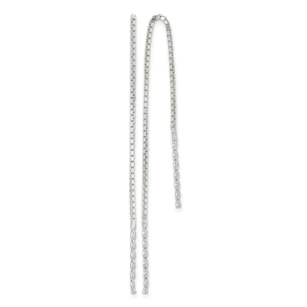 A pair of silver chain threader earrings with long, delicate cable links hanging vertically against a white background.