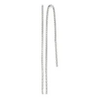 A pair of silver chain threader earrings with long, delicate cable links hanging vertically against a white background.