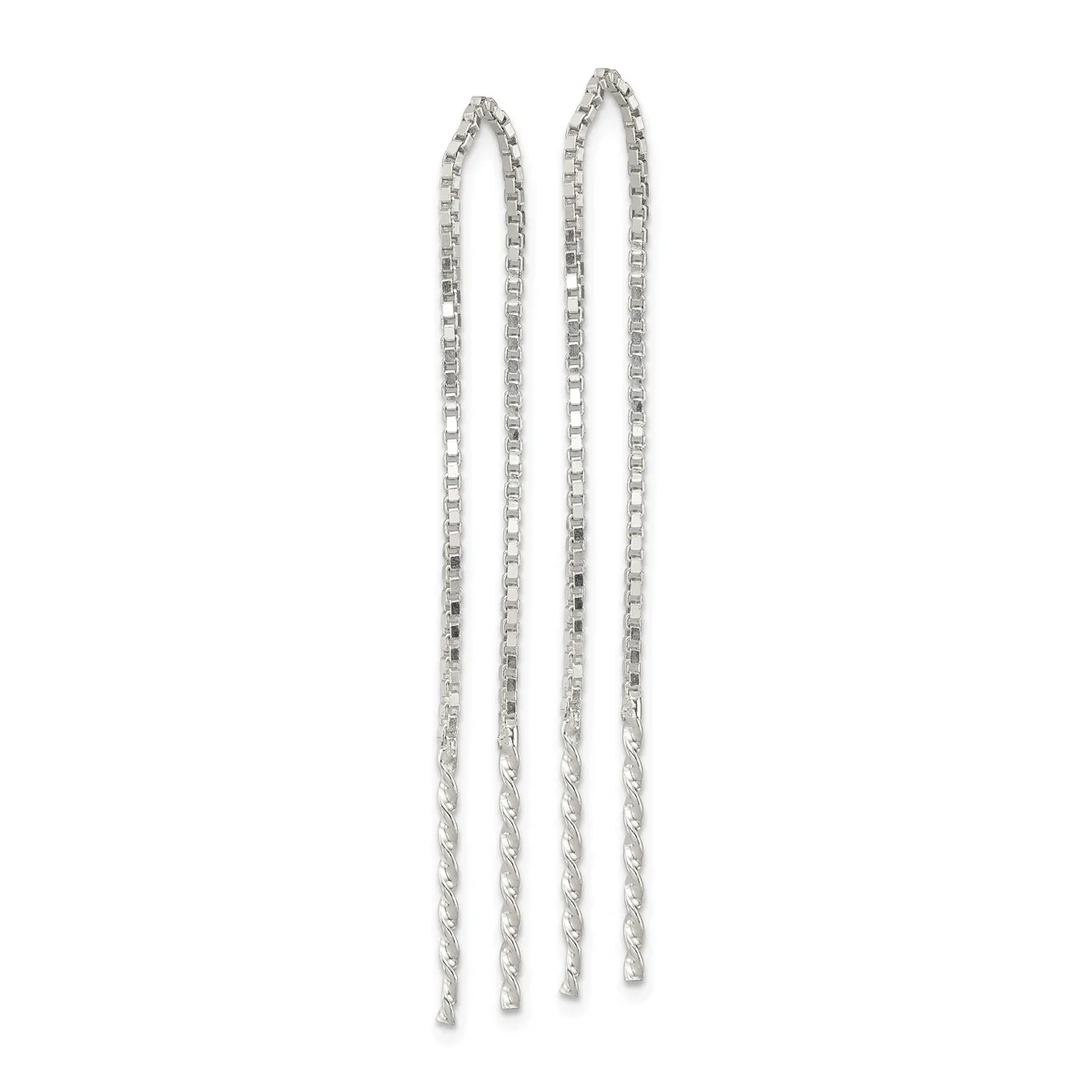 Pair of long silver threader earrings with rectangular link chains and twisted wire details, displayed against a white background.