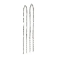 Pair of long silver threader earrings with rectangular link chains and twisted wire details, displayed against a white background.