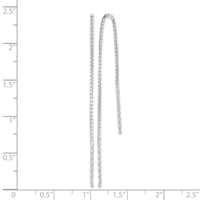 Two silver chain earrings with loop tops displayed against a ruler showing measurements up to 2.5 inches in length.