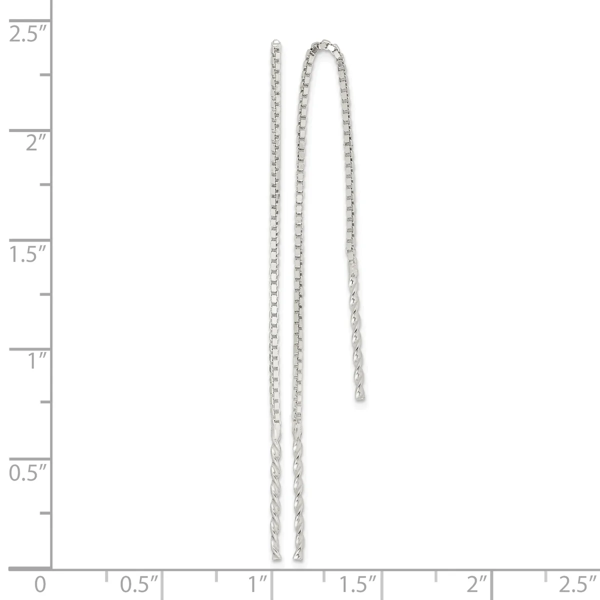 Two silver chain earrings with loop tops displayed against a ruler showing measurements up to 2.5 inches in length.