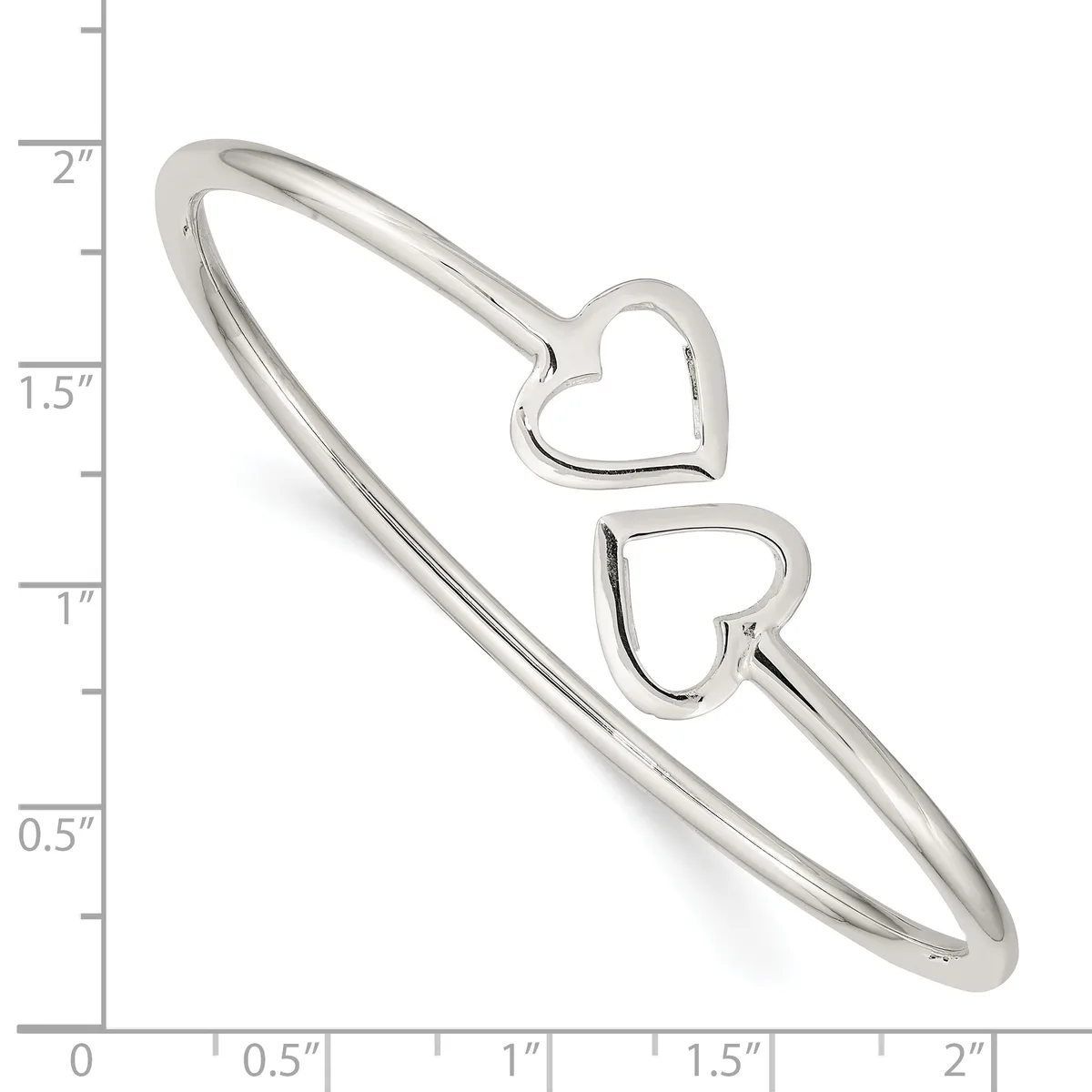 Silver-toned bangle bracelet with two open heart charms, shown against a measurement scale indicating approximately two inches in length.