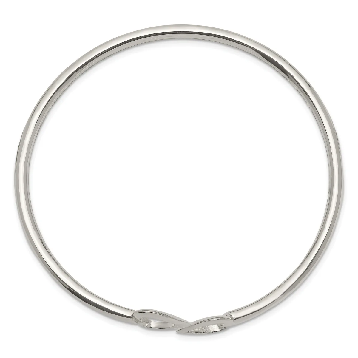 A polished silver-toned metal bangle bracelet with a hinged clasp closure, shown against a white background.