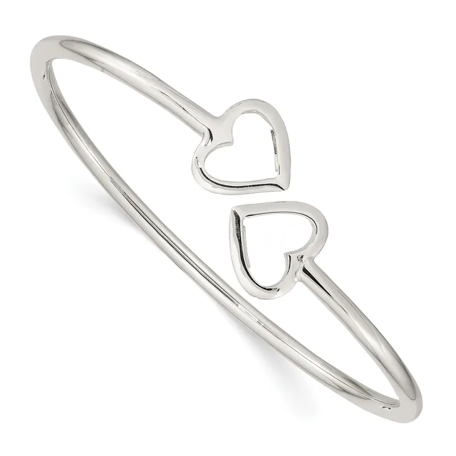 Silver-toned bangle bracelet with two open heart charms attached to the band, displayed against a white background.