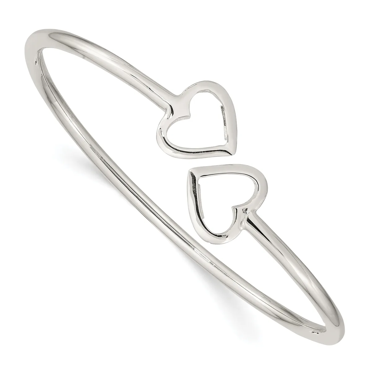 Silver-toned bangle bracelet with two open heart charms attached to the band, displayed against a white background.