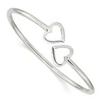 Silver-toned bangle bracelet with two open heart charms attached to the band, displayed against a white background.