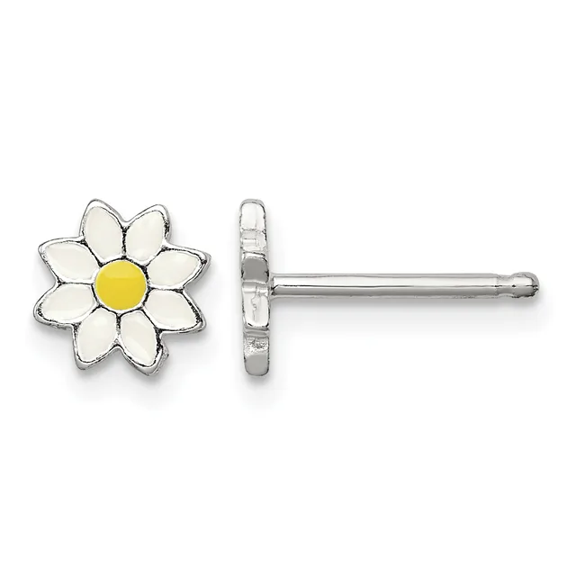 A pair of silver stud earrings shaped like daisies with white petals and yellow centers, shown from front and back views.