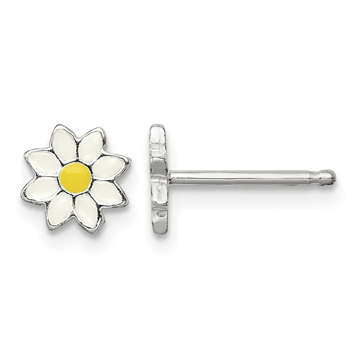 A pair of silver stud earrings shaped like daisies with white petals and yellow centers, shown from front and back views.