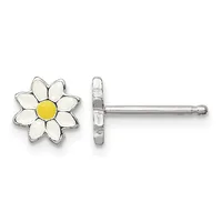 A pair of silver stud earrings shaped like daisies with white petals and yellow centers, shown from front and back views.