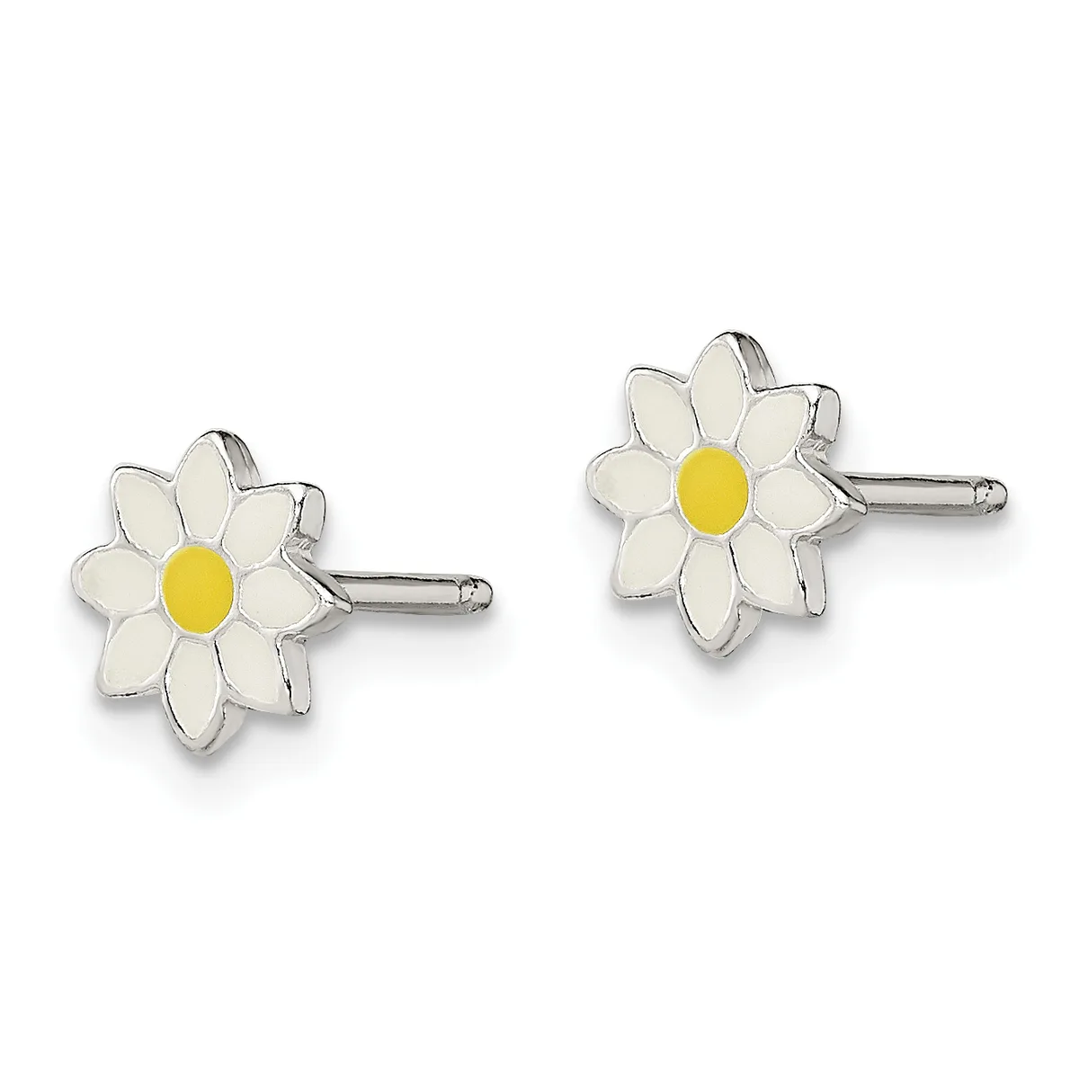 A pair of silver daisy stud earrings with white petals and yellow centers, shown from the front.