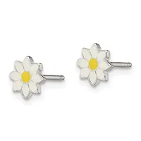 A pair of silver daisy stud earrings with white petals and yellow centers, shown from the front.