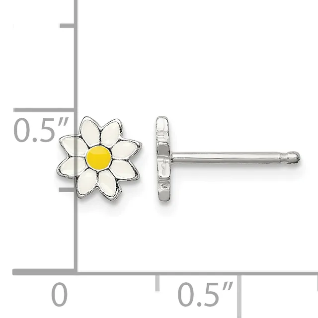 Silver stud earrings with white enamel daisy flowers and yellow enamel centers, shown front and back view with a measurement scale indicating approximately 0.5 inches in diameter.