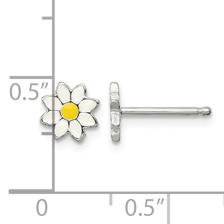Silver stud earrings with white enamel daisy flowers and yellow enamel centers, shown front and back view with a measurement scale indicating approximately 0.5 inches in diameter.