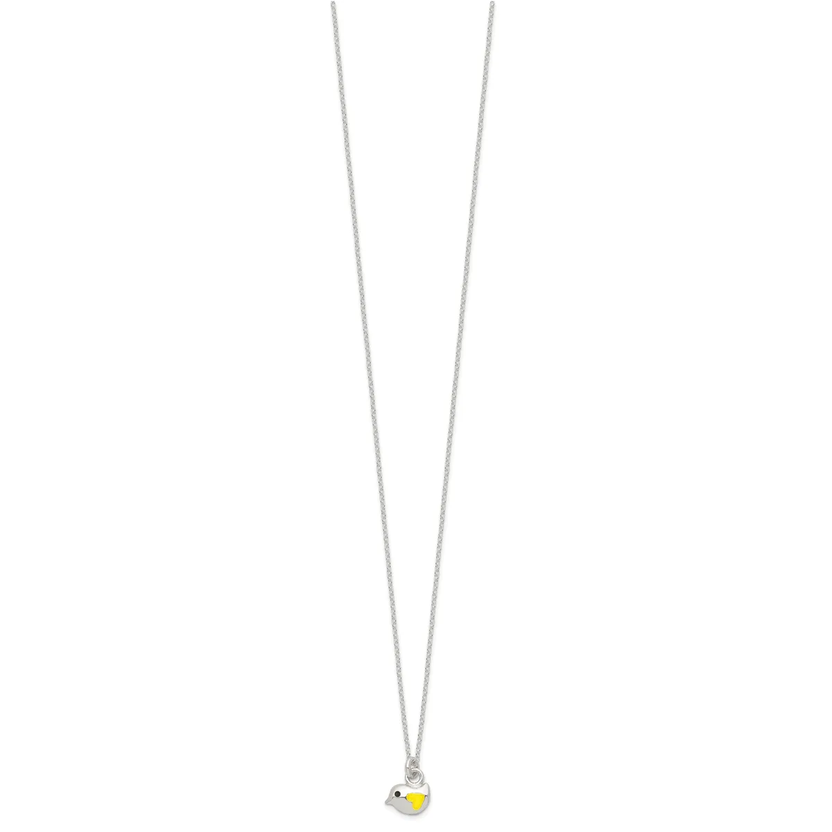 Silver chain necklace with a small yellow and white enamel duck pendant hanging from the center.