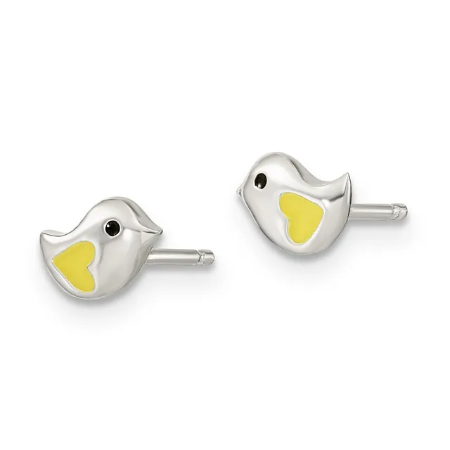 Pair of silver bird-shaped stud earrings with yellow enamel wings and black enamel eyes on posts.