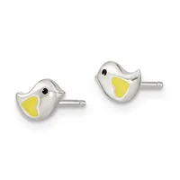 Pair of silver bird-shaped stud earrings with yellow enamel wings and black enamel eyes on posts.