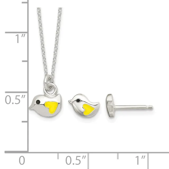 Silver bird pendant necklace and matching stud earrings with yellow enamel heart details, shown next to a measurement scale.